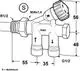 Zeichnung eines Heizkörperventils von IMI Hydronic Engineering mit seitlichem Anschluss. Enthält Maßangaben und Details zu Gewinden und Anschlussgrößen.